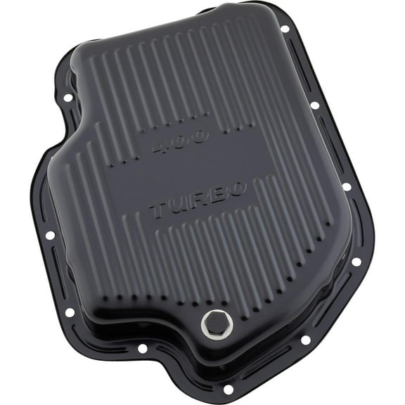 Speedway Motors Black Steel Transmission Pan Compatible with GM TH-400, Stock Capacity 1-7/8 Inch Deep, Stamped “400 Turbo” Logo with Drain Plug for Easy Fluid Changes