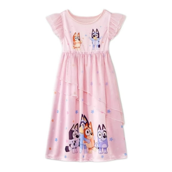Bluey, Bingo and Family Toddler Girl's Pink Satinet and Tulle Nightgown, Gown (Size 3T)