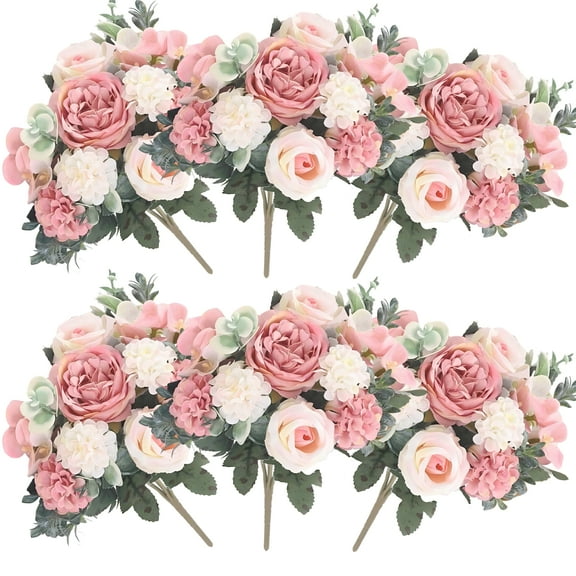 6 Pcs Artificial Pink Silk Flower Bouquet, Mixed Faux Floral Arrangement, Fade-Resistant Light Pink Decorative Flowers for Home Decor, Wedding Centerpieces