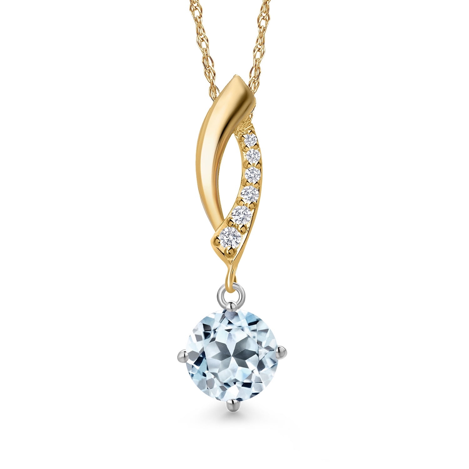 Gem Stone King 925 Silver and 10K Yellow Gold Sky Blue Topaz and Lab Grown Diamond Pendant Necklace for Women | 1.03 Cttw | Gemstone November Birthstone | Round 6MM | With 18 inch Chain