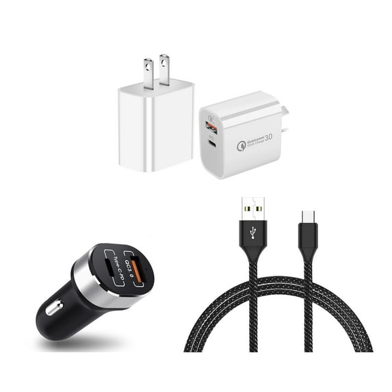 18W Dual-Port Car & Wall Chargers for CAT S62 / CAT S62 Pro (USB-C Power Delivery/USB-A Quick Charge 3.0) and USB Type-C Cable (6 Feet)