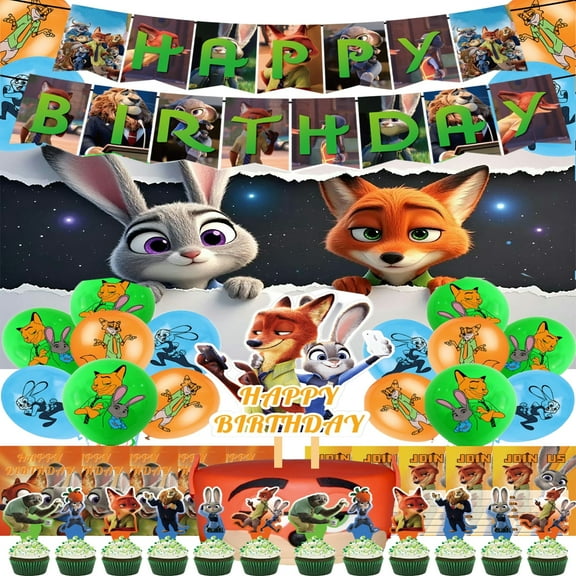Zootopia theme birthday party set, birthday party set includes banners, balloons, cake hats, background cloth and party decoration set.