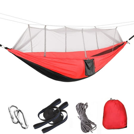 Lightahead Parachute Portable Camping Hammock(with Removable Mosquito Net) Including Straps, Carabiners & Rope– Heavy Duty Lightweight Best Nylon Parachute Hammock (Black/Red with Grey (Best Lightweight Backpacking Hammock)