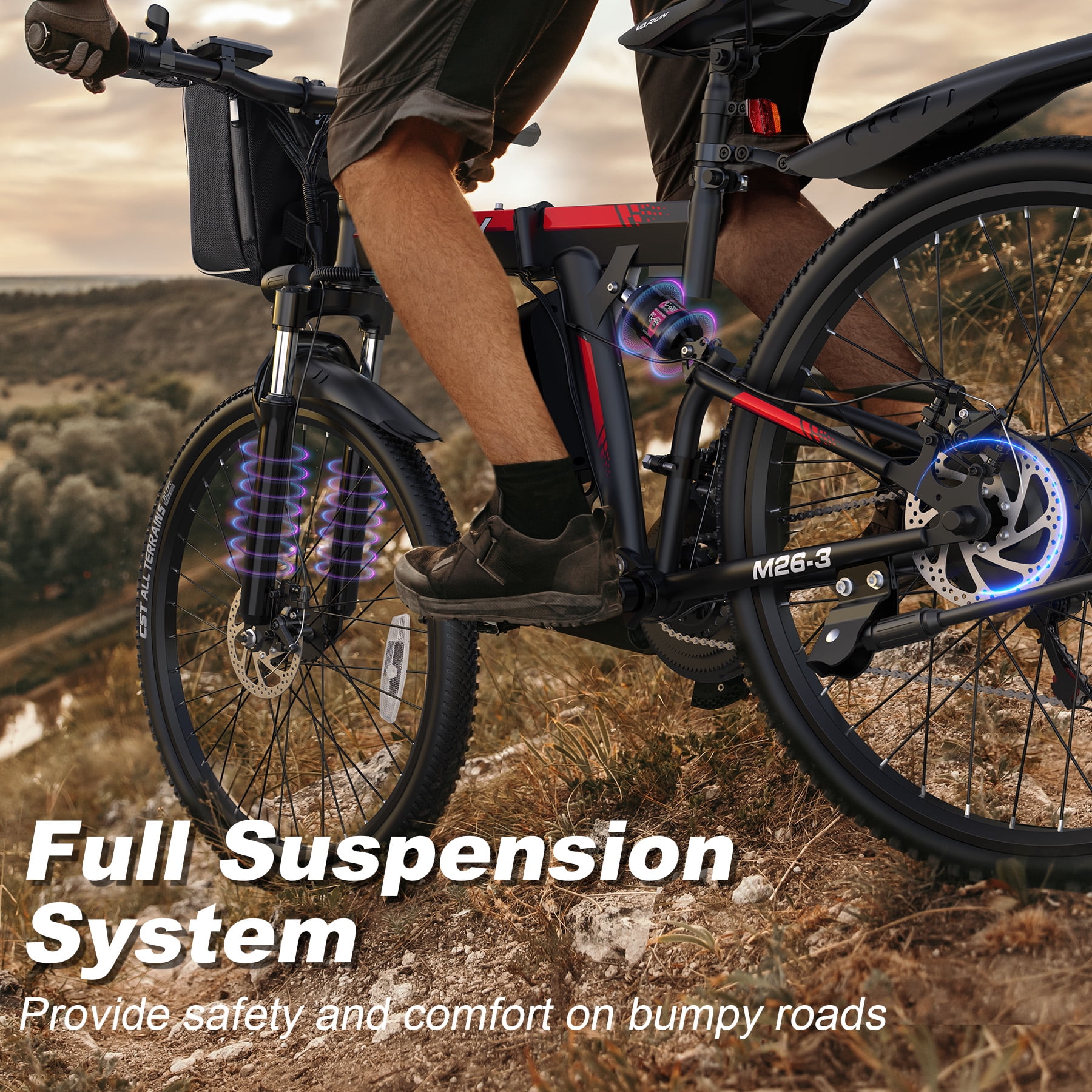 VARUN Electric Bike for Adults, 26" Foldable E-Bike with Peak 750W Motor, 48V 374.4Wh Removable Battery, Up To 20+MPH 50 Miles, 21-Speed Gears, Full Suspension System, Folding Electric Mountain Bike