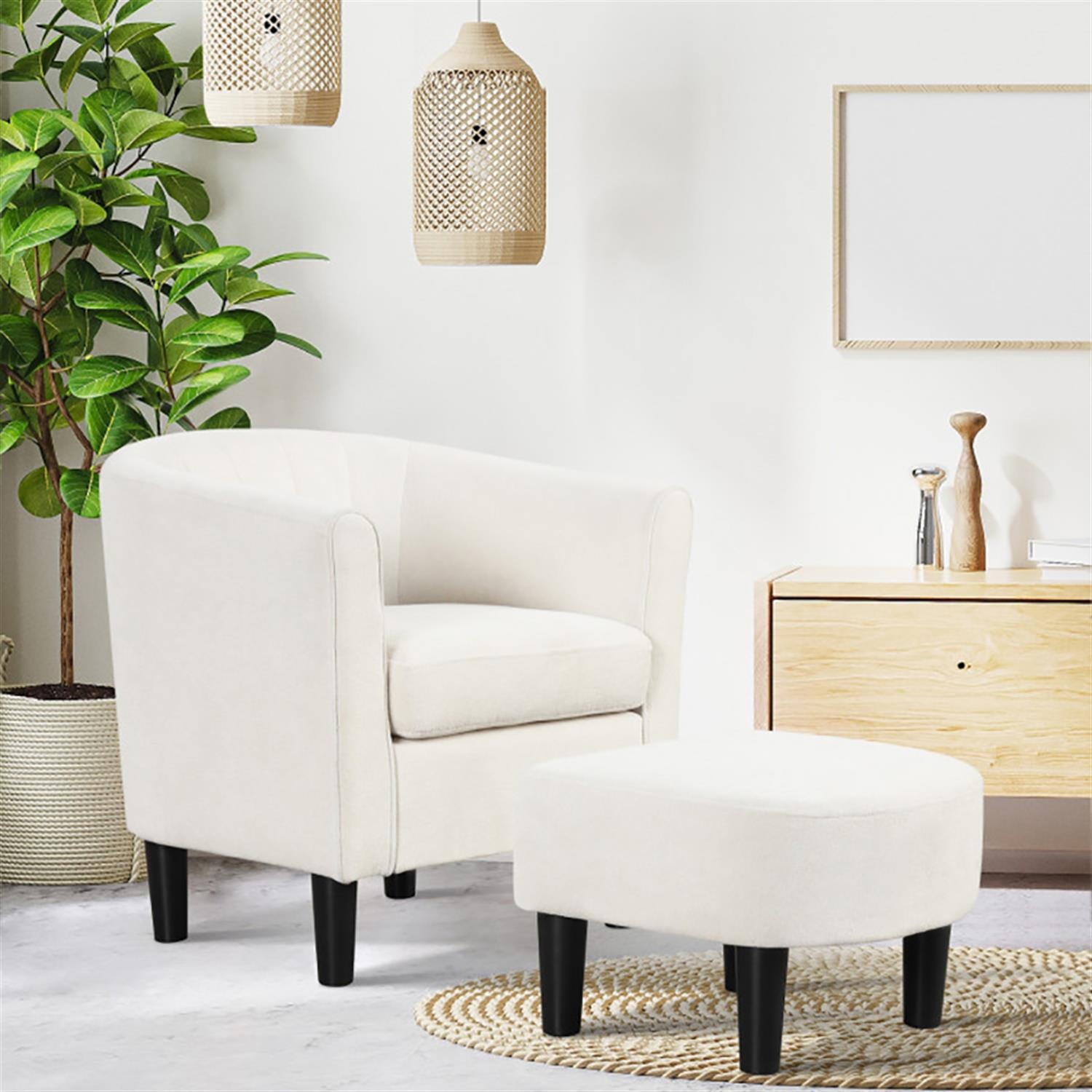 Demi Bonn Modern Club Barrel Accent Chair, Elegant Armchair with Ottoman Footrest Curved Backrest, Suitable for Living Room Bedroom Reception Room Office, Beige