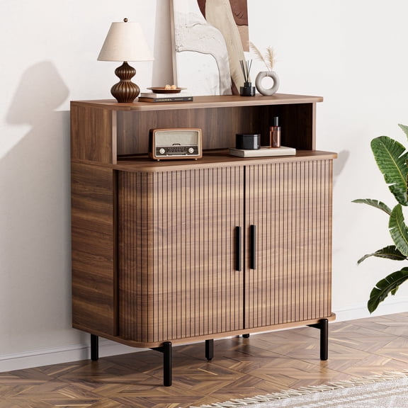 SUNCOZE Sideboard Buffet Cabinet with Sliding Doors, Modern Storage Cabinet for Dining Room, Living Room, or Kitchen, Walnut Finish