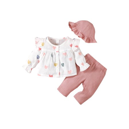 

Mikrdoo 0-9M Newborn Baby Girls Outfits Heart Print Ruffle Long Sleeve Buttons Tops Elastic Pants Hat 3Pcs Clothing Set 6-9 Months Pink