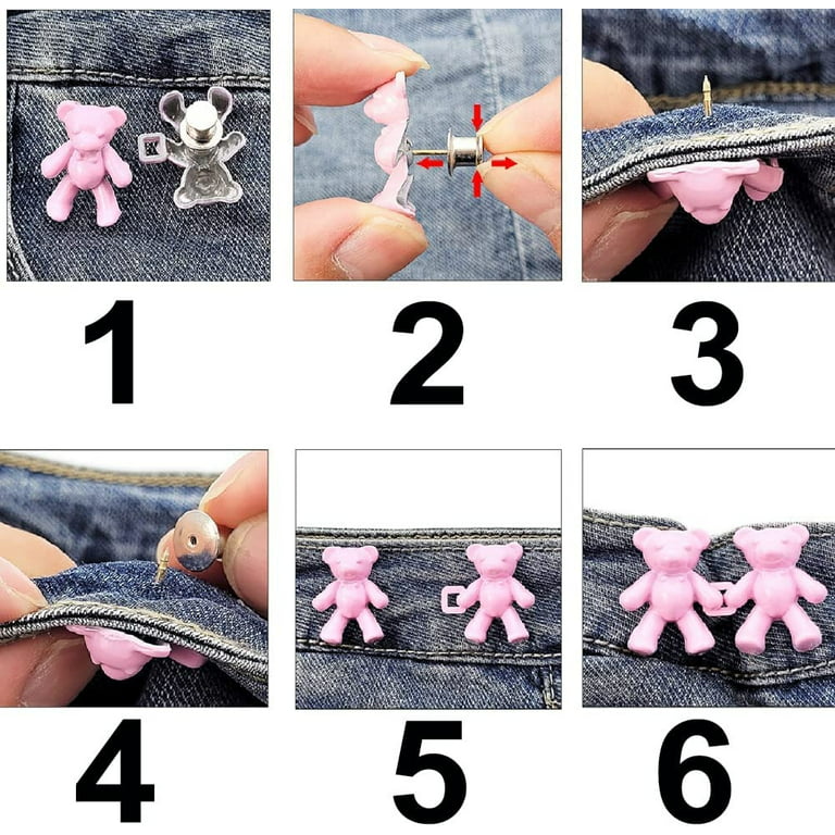 Nogis Cute Bear Button Pins for Jeans, No Sew and No Tools Instant Pant Waist Tightener, Adjustable Jean Buttons Pins for Loose 2 Sets Button