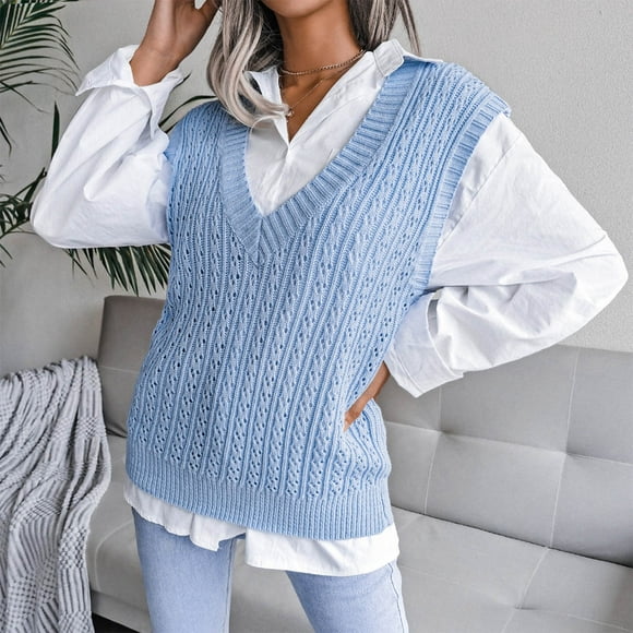 MAOWAPLG Fashion Women Casual V-Neck Hollow Diamond Knitted Vest Sweater Vest