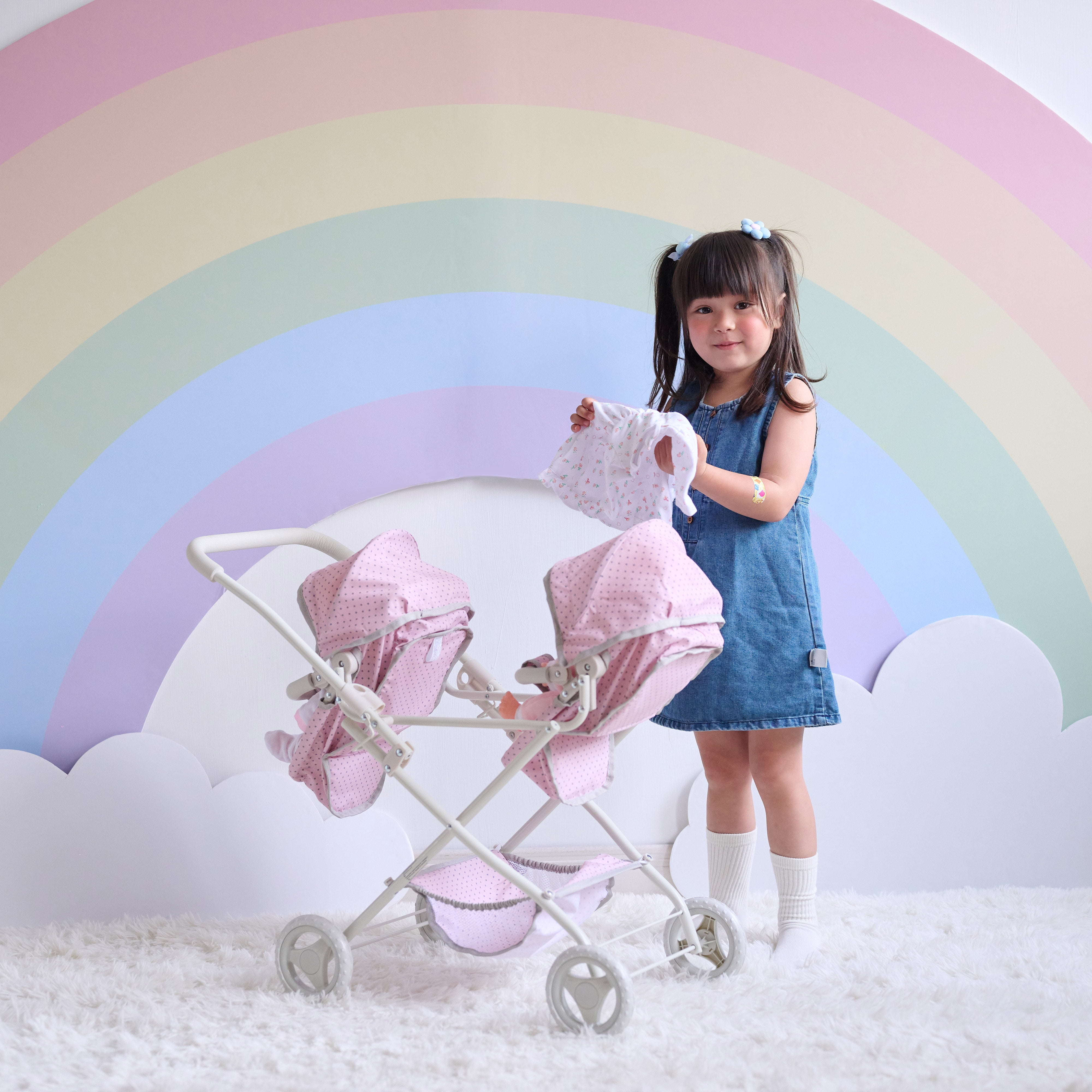Olivia's Little World Polka Dot Princess Baby Doll Twin Bassinet Stroller with Retractable Canopy & Storage, Pink/Gray