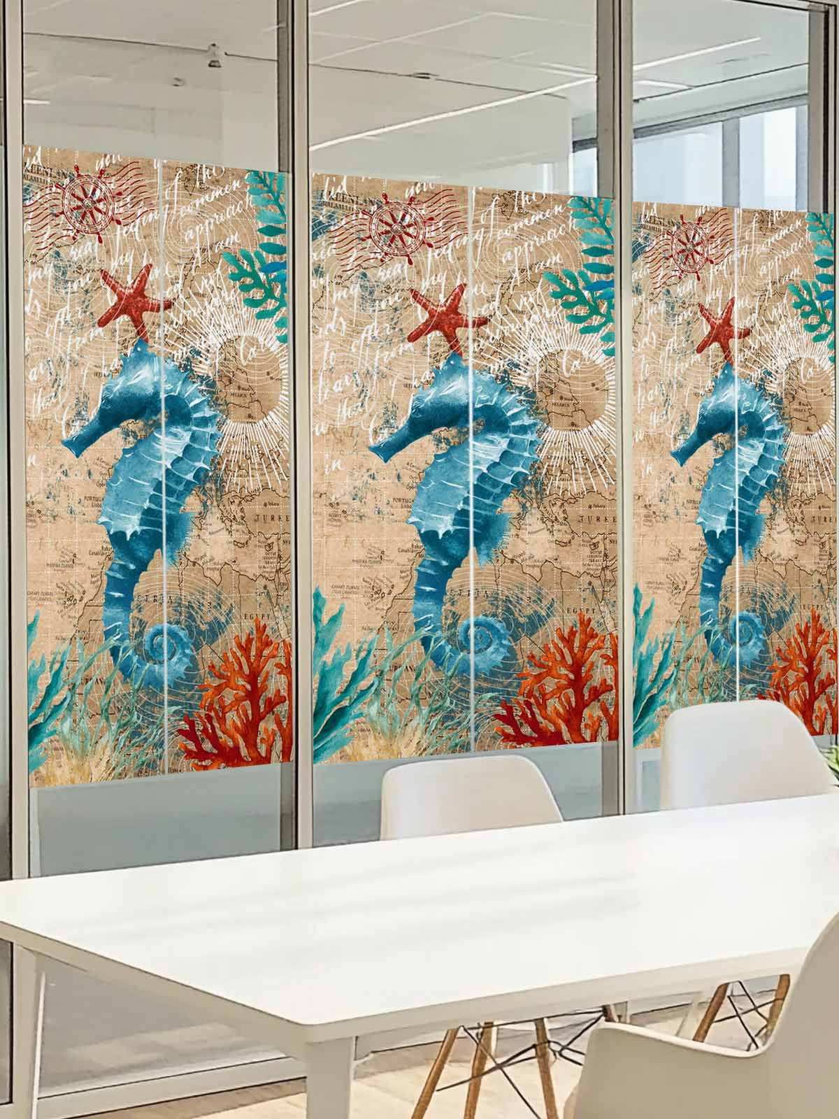 Nautical Marine Life Window Privacy Film, Hippocampus Starfish Coral Seaweed Blue Ocean Retro Frosted Glass Window Clings Static Cling UV Heat Blocking Reusable Sticker for Bedroom 23.6x78.7 Inch