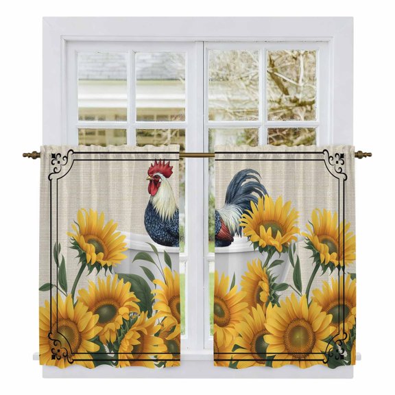 Bathing Roosters Kitchen Curtain for Berdoom Living Room Cafe 54 Inch Length, Farmhouse Sunflower Vintage Burlap Tiers Curtains Light Filtering Drapes Rod Pocket Window Treatment 2 Panels 52"Wx54"L