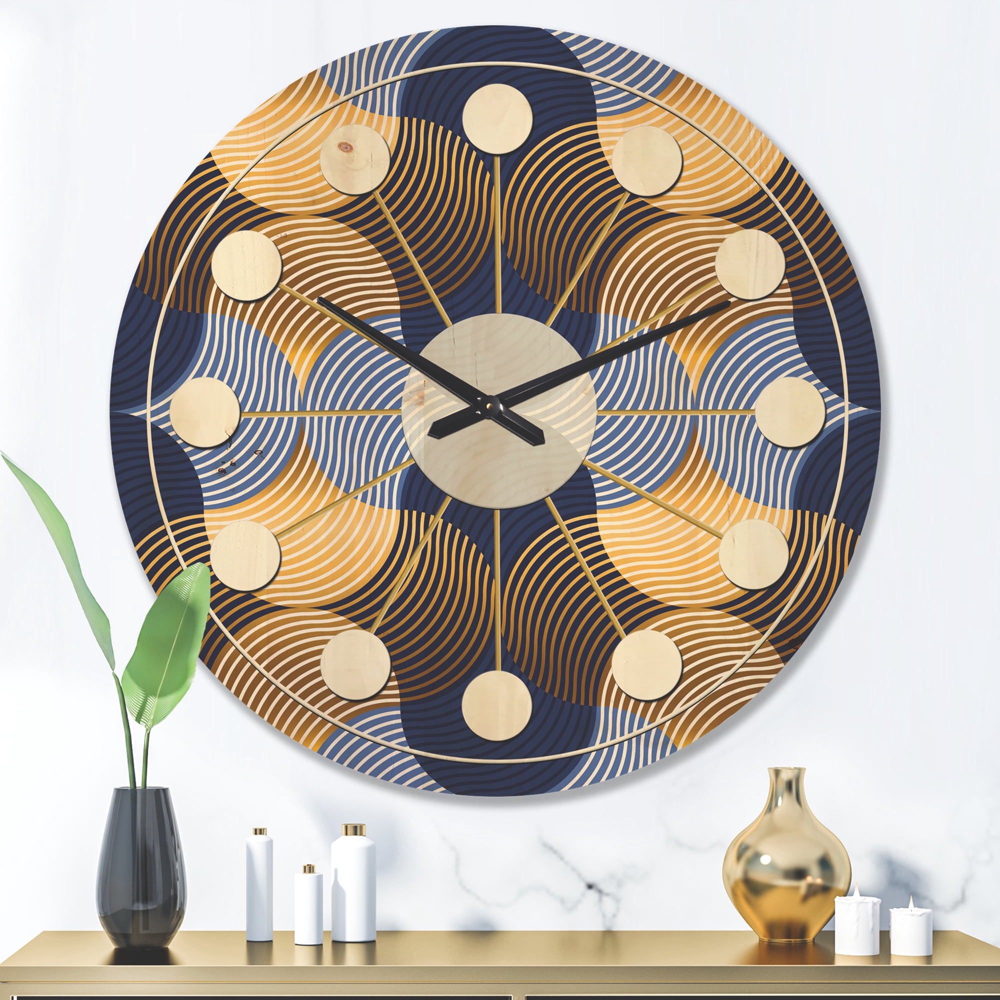 Designart 'Retro Luxury Waves In Blue and Gold II' Mid-Century Modern Wood Wall Clock
