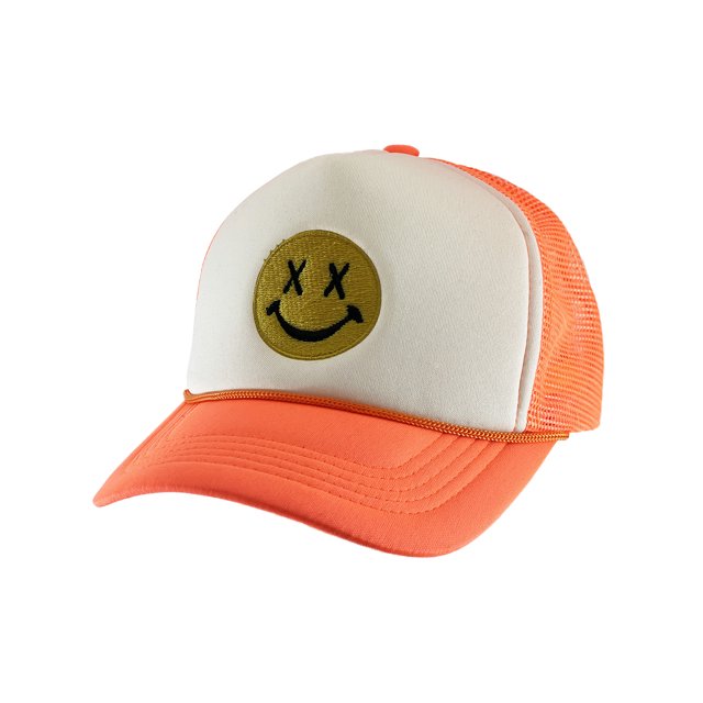 Gravity Threads Smile Face Embroidery Adjustable Trucker Hat - Cross Eye - White/Neon Orange
