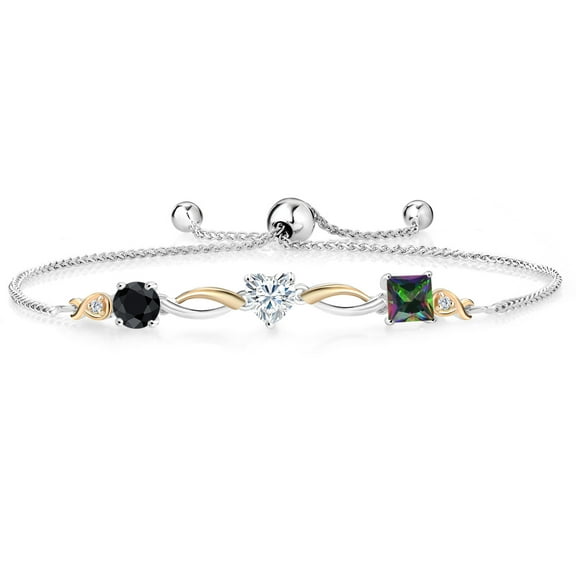 Gem Stone King 925 Silver and 10K Yellow Gold Black Sapphire Moissanite Green Mystic Topaz and Lab Grown Diamond Tennis Bracelet for Women By Keren Hanan (2.29 cttw, Adjustable up To 9 inch)