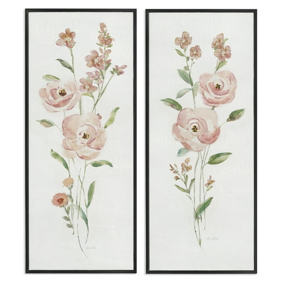 Stupell Industries Simple Pink Watercolor Flowers Plants & Flowers Painting Black Framed Art Print Wall Art, 10 x 24, Set of 2