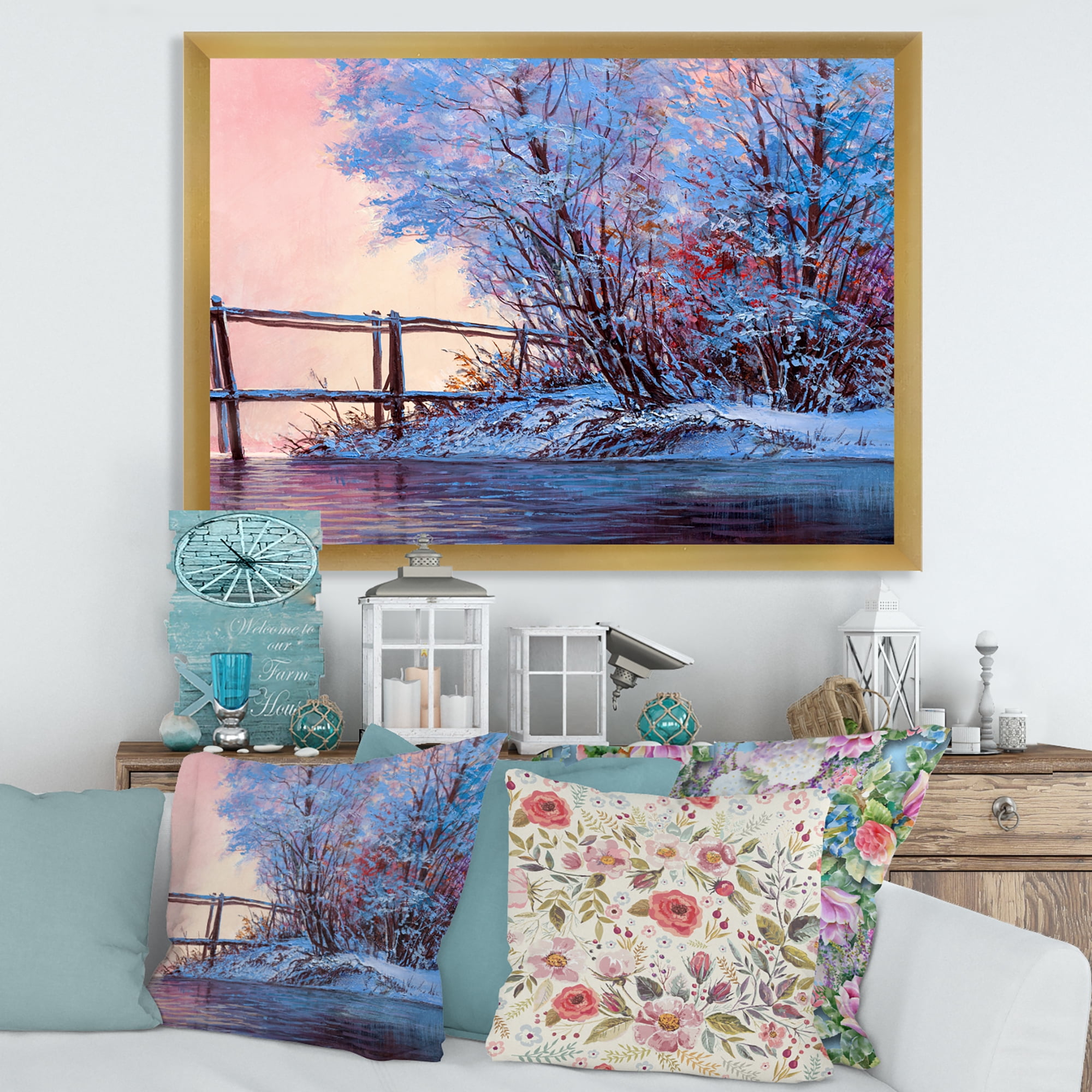 Bridge Of Meandering River With Winter Scenery I 20 in x 12 in Framed Painting Canvas Art Print, by Designart
