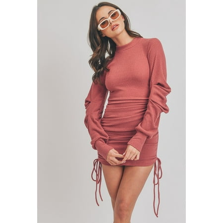 Solid Color Mock Neck Mini Bodycon Dress Dark Mauve L