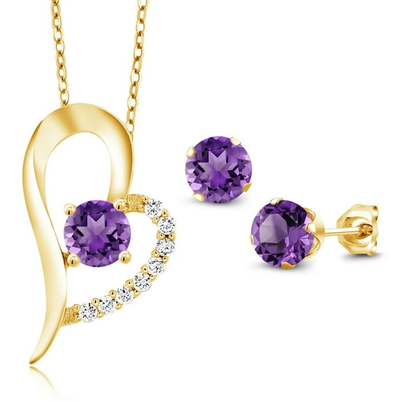 Gem Stone King 18K Yellow Gold Plated Silver Purple Amethyst Pendant and Earrings Jewelry Set for Women (3.32 Cttw, Gemstone February Birthstone, Round 6MM)