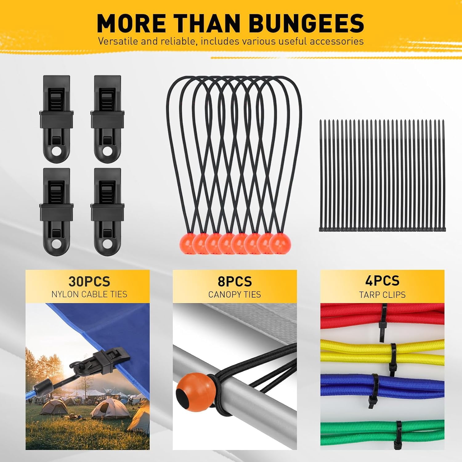 Rongsi 33 Piece Premium Bungee Cords Assortment Jar, Includes 10", 18", 24", 32", 40" Bungee Cord with Hooks, 6" Nylon Cable Ties, 8" Canopy Tarp Ball Ties and Tarp Clips