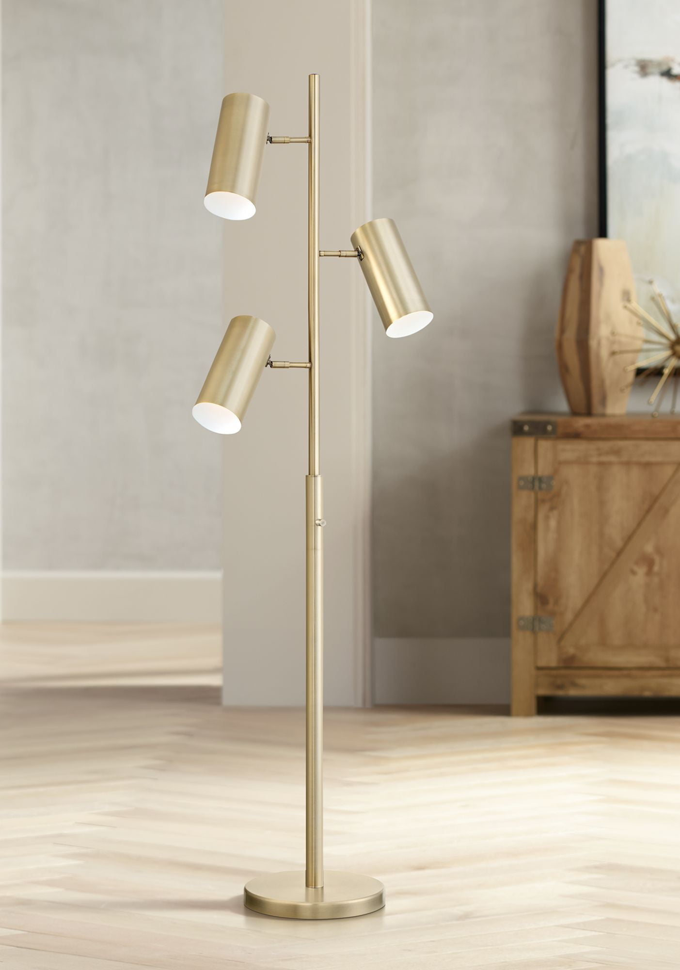 Possini Euro Design Modern Floor Lamp 3 Light Tree Satin Brass Adjustable Shade For Living Room Reading Bedroom Office