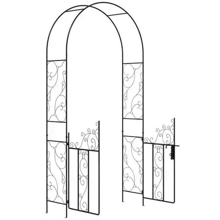 Yardi Yarda 89.25" Metal Garden Arch with Gate, Garden Arbor Trellis for Climbing Plants, Roses, Vines, Wedding Arch for Patio, Black