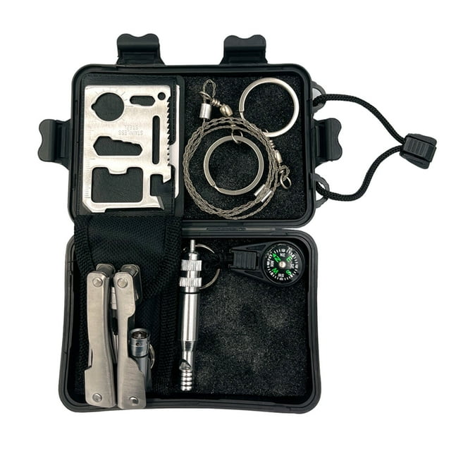 7-in-1 Outdoor Survival Emergency Kit with Stainless Steel Tool Card, Fire Starter, Compass, Wire Cut, Sound Maker, Multifunction Flashlight Pliers & Emergency Blanket – Packed in Waterproof Box,