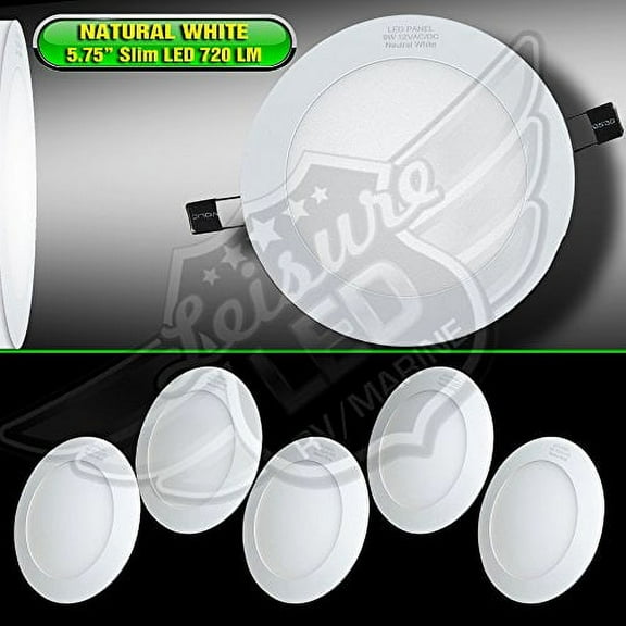 LeisureLED 5 Pack RV Boat Recessed Ceiling Light 720 Lumen Super Slim LED Panel Light DC 12V 5.75" 9W Full Aluminum Downlights (Natural White)