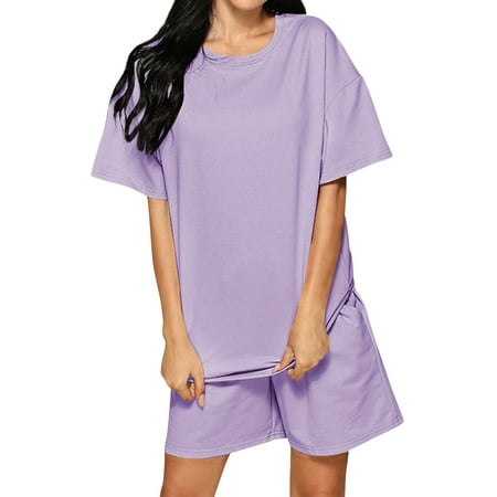 

HUBERY Women Pockets Crew Neck Short Sleeve Solid Color Set