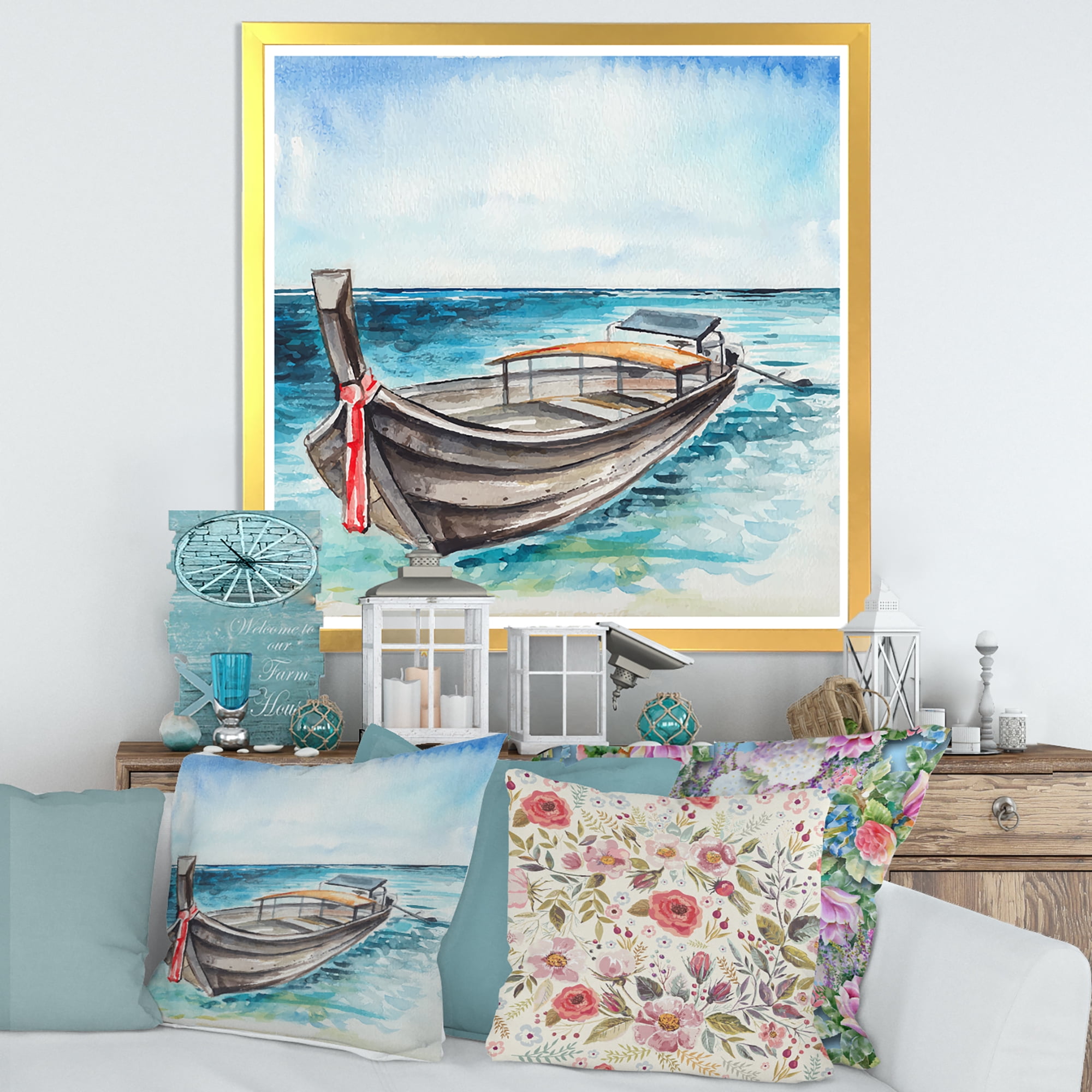 Designart 'Little Boat At The Lake Shore' Nautical & Coastal Framed Art Print