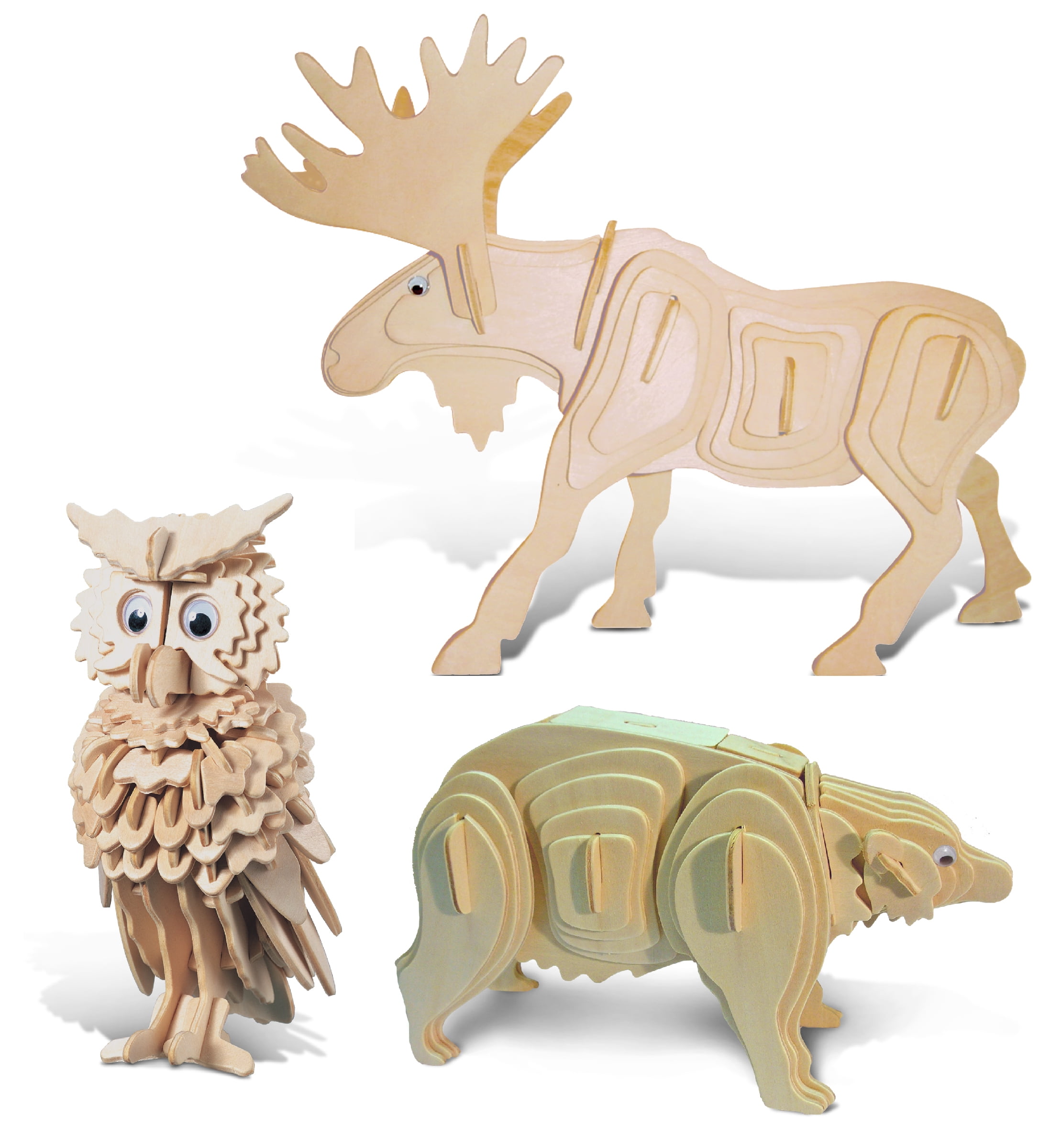 Puzzled Bundle of Owl, Moose & Black Bear Wooden 3D Puzzle Construction