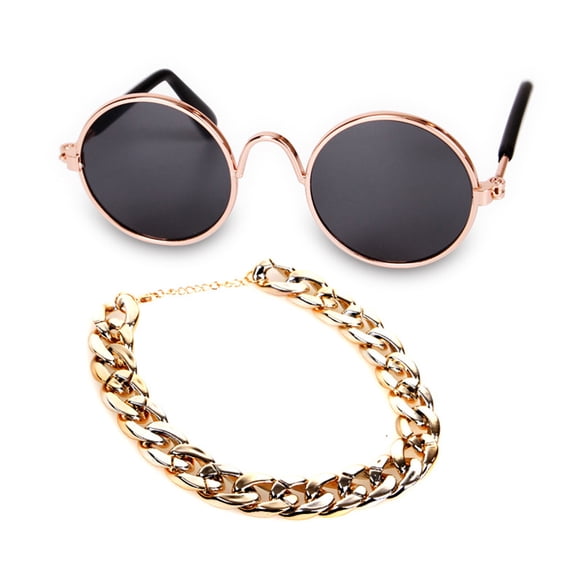 JUNTEX 4 Pcs Pet Dog Cat Cool Costume Fashion Summer Sunglasses Collar Chain Straw Hat Tie Set Classic Funny Pet Accessories