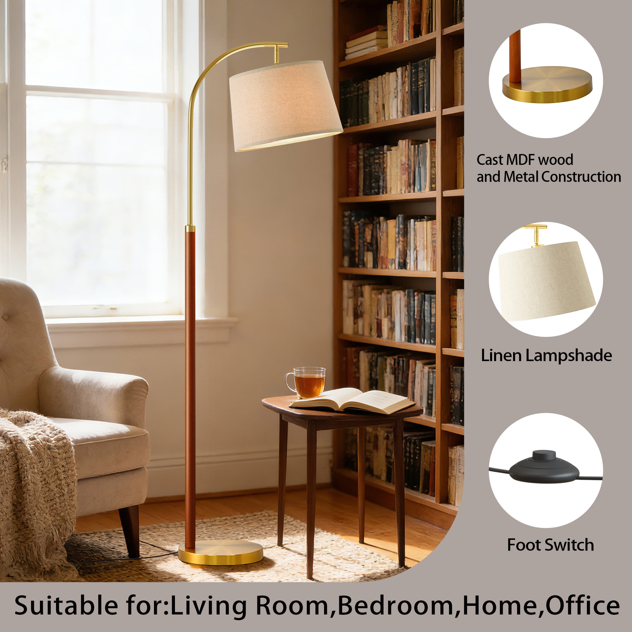 Oneach 62.5" MDF Metal Tall Floor Lamp with Lamp Shade, Farmhouse Standing Lamp for Bedroom, Living Room, Office