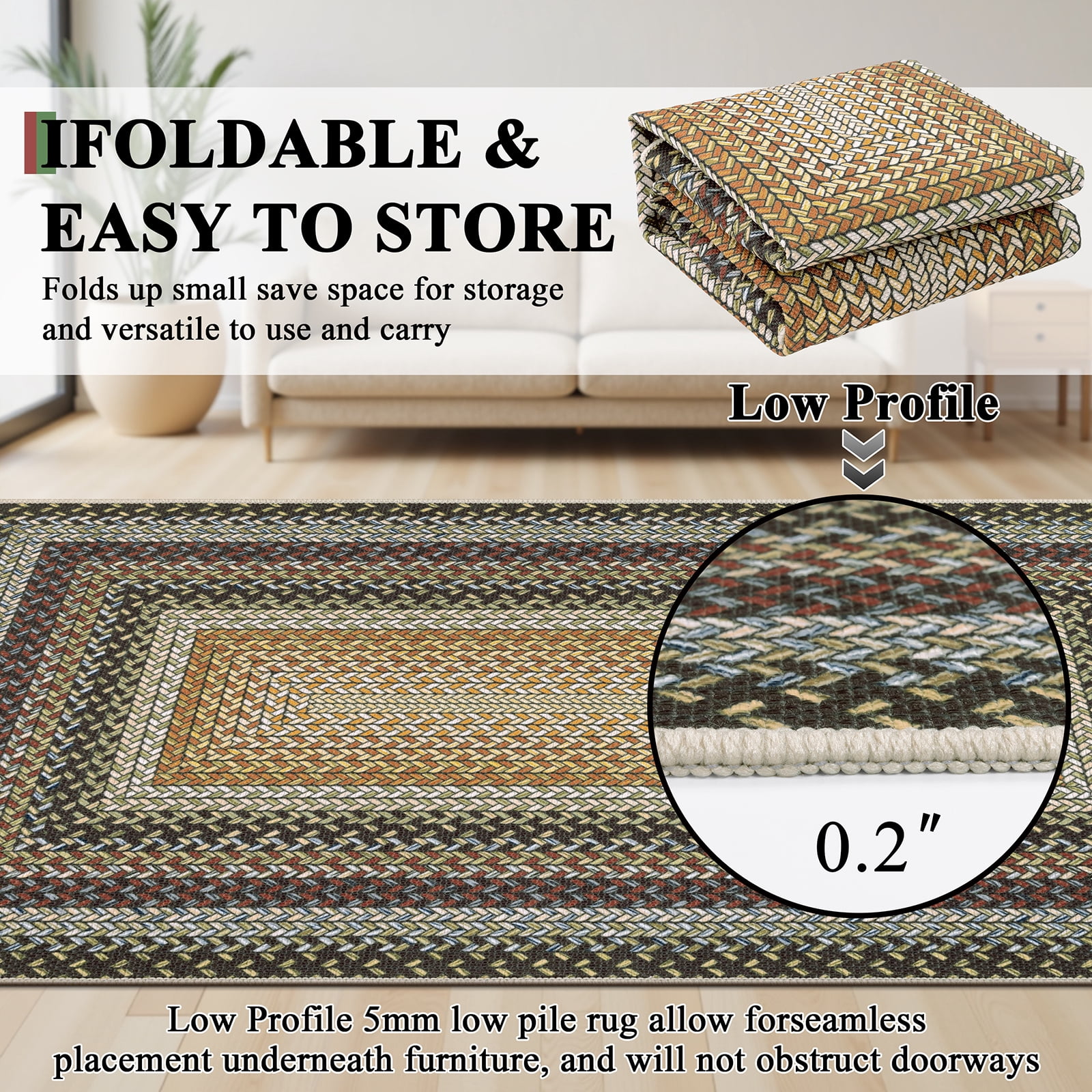 Braided Jute Print Area Rug Washable Non-Slip Pet Friendly Carpet with Concentric Design, Stain Resistant for Living Room, Bedroom & Home Office