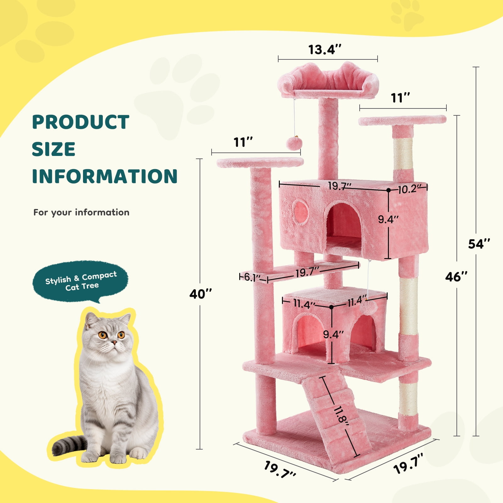 SHOUFTW 54 Indoor Cat Tree Tower, Multi-Layer Design, Sisal Scratching Posts, Spacious Apartment, Climbing Ramp, Kitten Toys, Pink