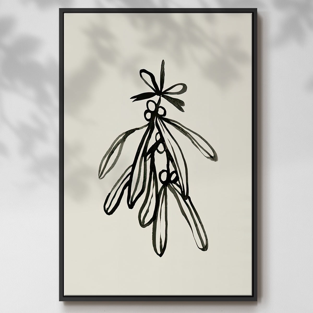 Mistletoe Sketch with Bows II - Framed Gallery Wrapped Holiday Canvas - 17 x 25 - Black Frame