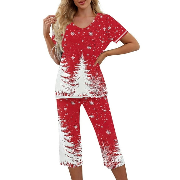 Lorytime Pjs Sets for Women Short Sleeve Christmas Tree Crew Neck Button Down Shirt Capri Pants Festive Sleepwear Gift