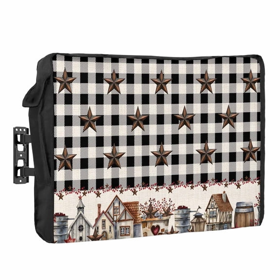 Outdoor TV Cover 48 to 50 Inches, Black White Buffalo Plaid Country Star Barn Barrel Farmhouse Waterproof TV Cover with Remote Control Pocket, Flat Screen TV Cover Protector for Outside TV