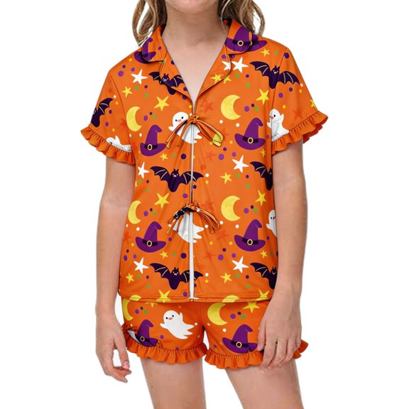 CUZIBR Toddler Girls Pajamas Halloween Short Sleeve Ruffles Bow Tie Shirt And Shorts 2 PC Sleepwear Ghost Witch Graphic Lapel Smooth Loungewear Cute Party Daily Homewear,Orange,3-4 Years