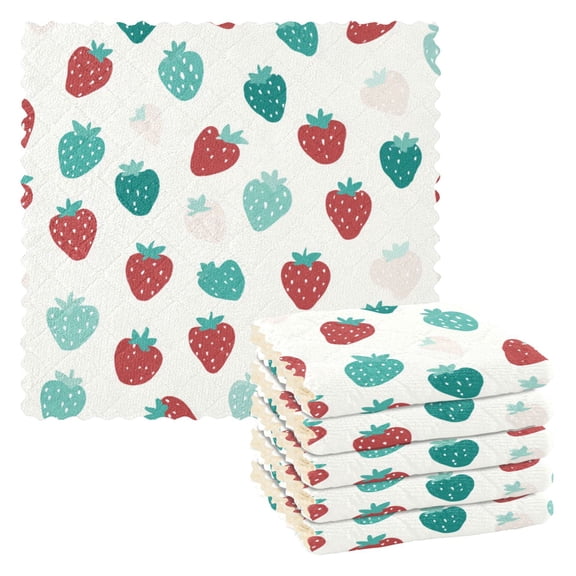 6 Pieces of Kitchen Towels 11x11Inch Kitchen Dish Cloths Kitchen Dish Towels Reuseable Cleaning Cloths Strawberry Pattern Pastel