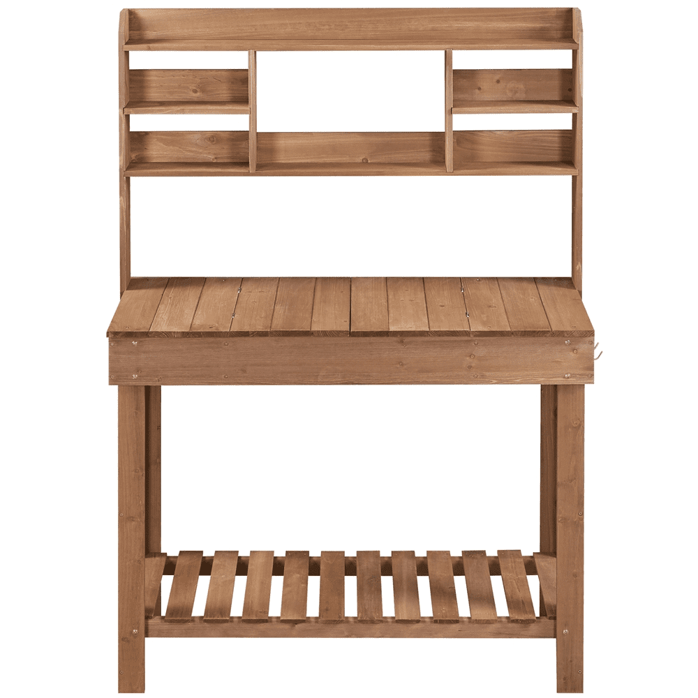 Renwick Potting Bench Table with Display Rack/ Storage Shelf/ Hanger, Brown
