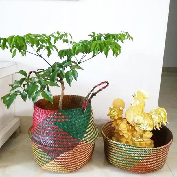 Cesta de almacenamiento para colgar tejida de hierba plegable, maceta para plantas de jardín (L Tmvgtek Para estrenar