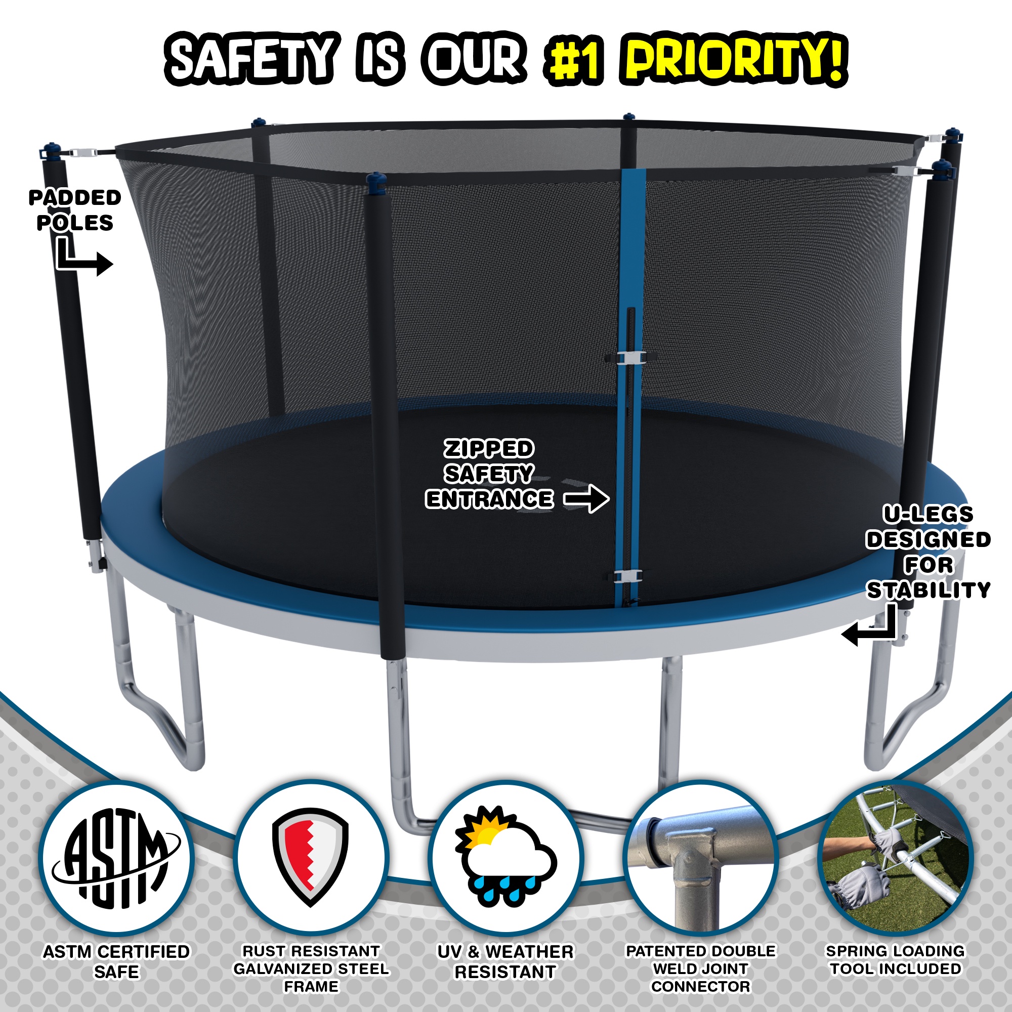Sportspower TruJump 15' Trampoline with Safety Enclosure & Jump Mat with Lifetime Warranty, BLUE & YELLOW