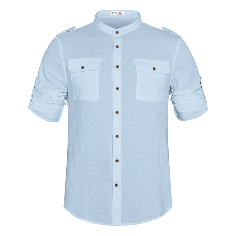 Linen Grandad Collar Shirt - Light Blue
