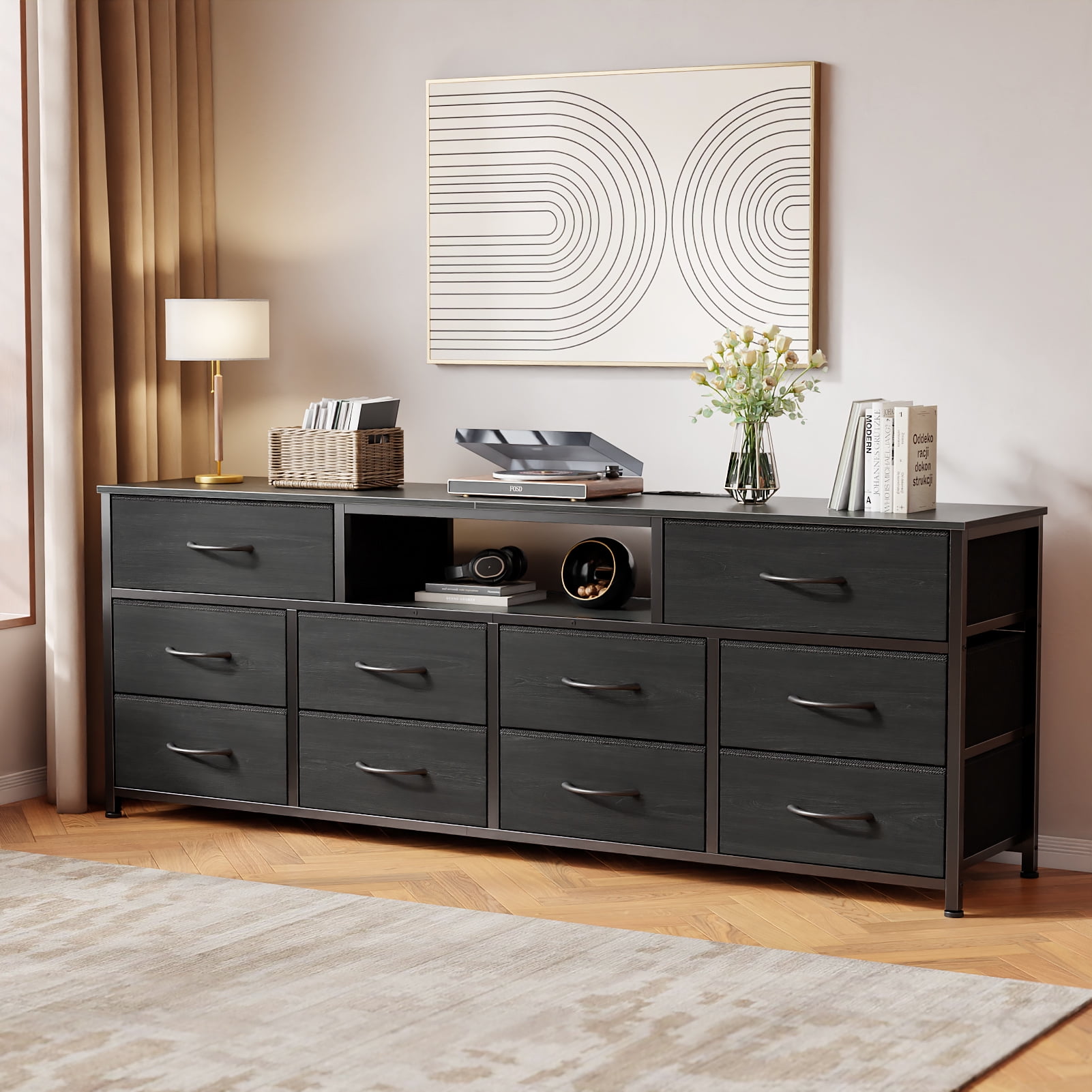 Tydimor TV Cabinet Stands for TVs up to 75", Entertainment Center with Outlet & LED, Media Console Table with 10 Drawers for Living Room, Black