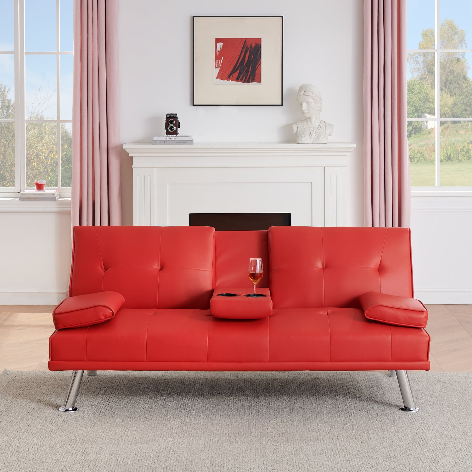 Yardi Yard Leather 67" Sofa Convertible Sofa Bed, Living Room Red Futon Couch Yardi Yard Leather 67" Sofa Convertible Sofa Bed, Living Room Red Futon Couch