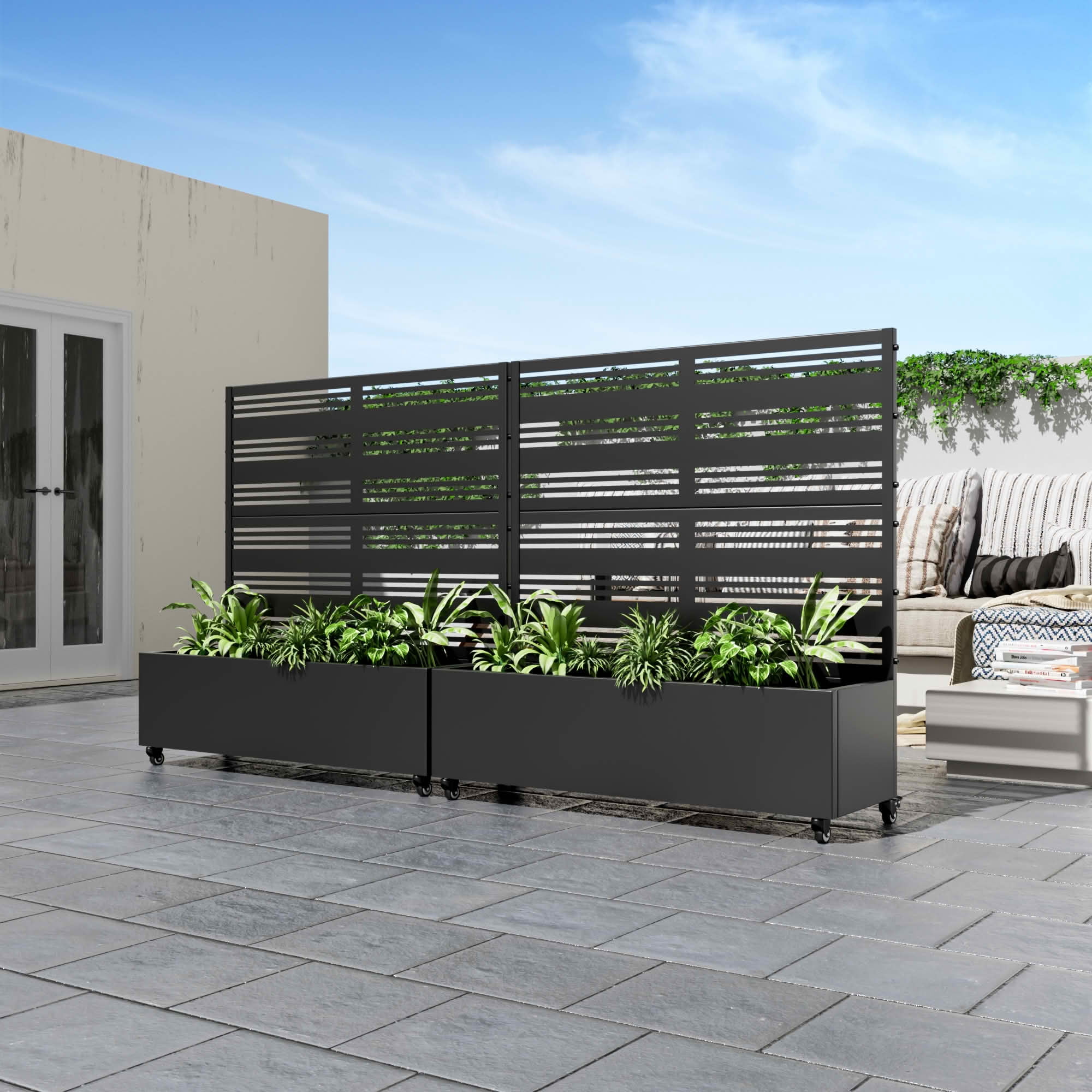 MAYEERTY 47x47x16 Inch Black Metal Rectangular Planter Box with Trellis, 3 Piece Set for Outdoor Garden & Patio