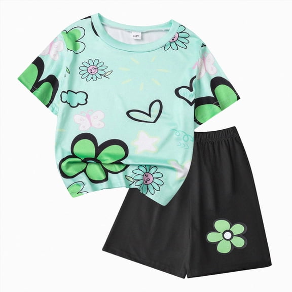 Ccpelsie Girls 2 Piece Sets Cute Summer Short Sleeve Shirts and Shorts Set Girls Outfits Green,4-5 Years