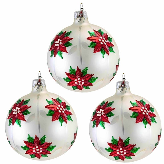 Santa Land 4.00In Christmas Poinsettia White S/3, Glass, Ornament Petite Flower Floral 20M1140