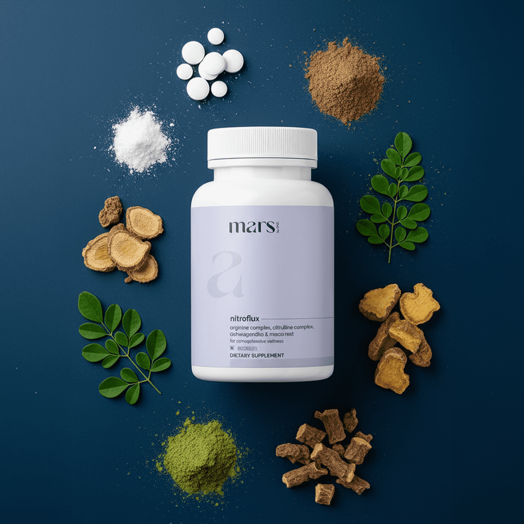 Mars by ghc Nitroflux Capsules, Nitric Oxide Booster with Ashwagandha and Maca Root, Ashwagandha Capsules for Energy, Circulation & Stamina Support (60 Capsules)